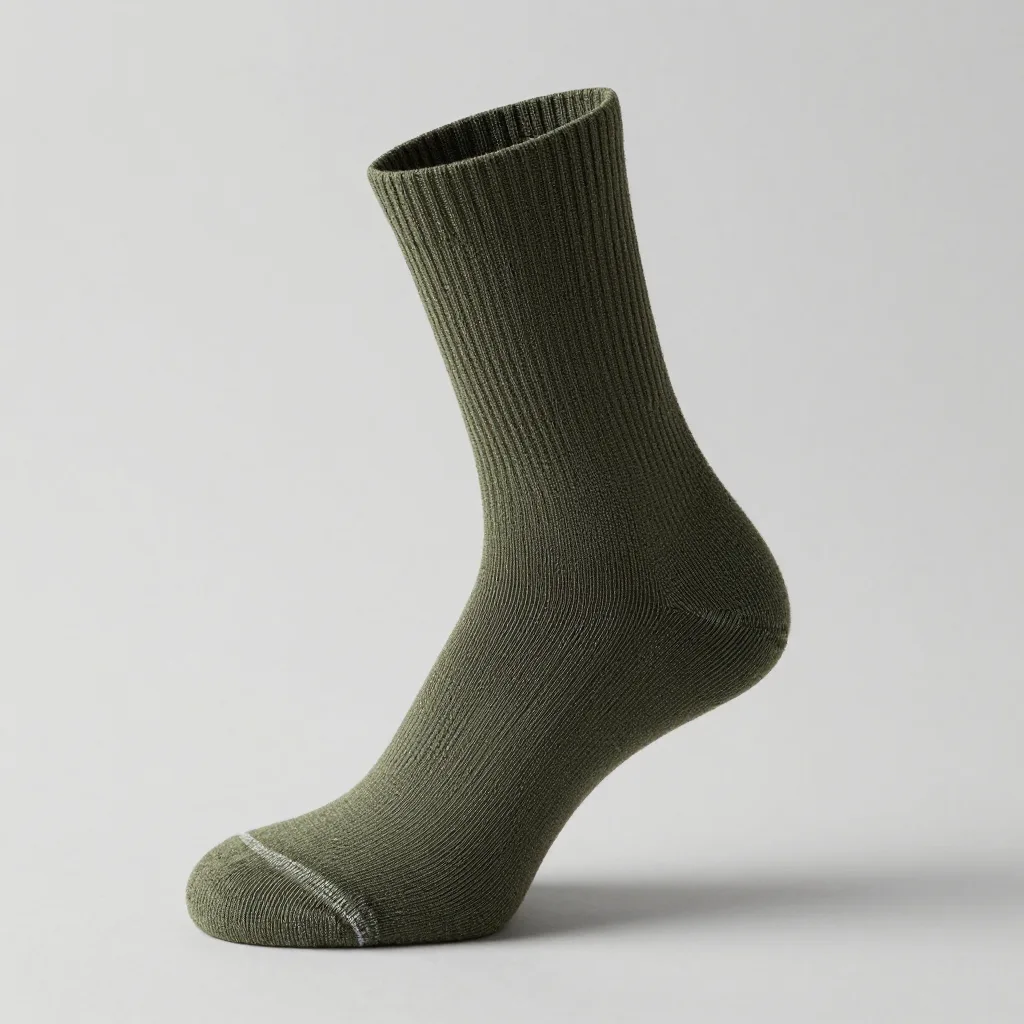 An olive crew merino hiking sock