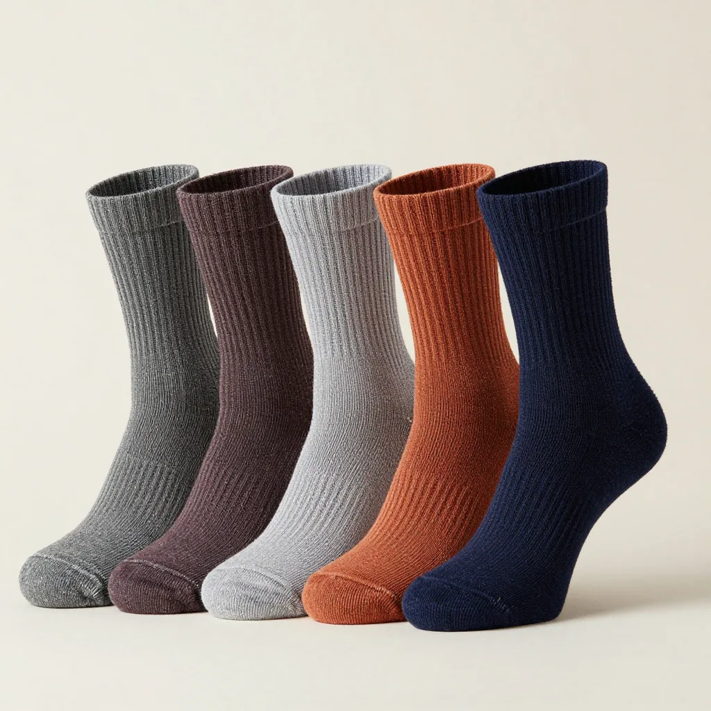 Five merino hiking socks in different colours together